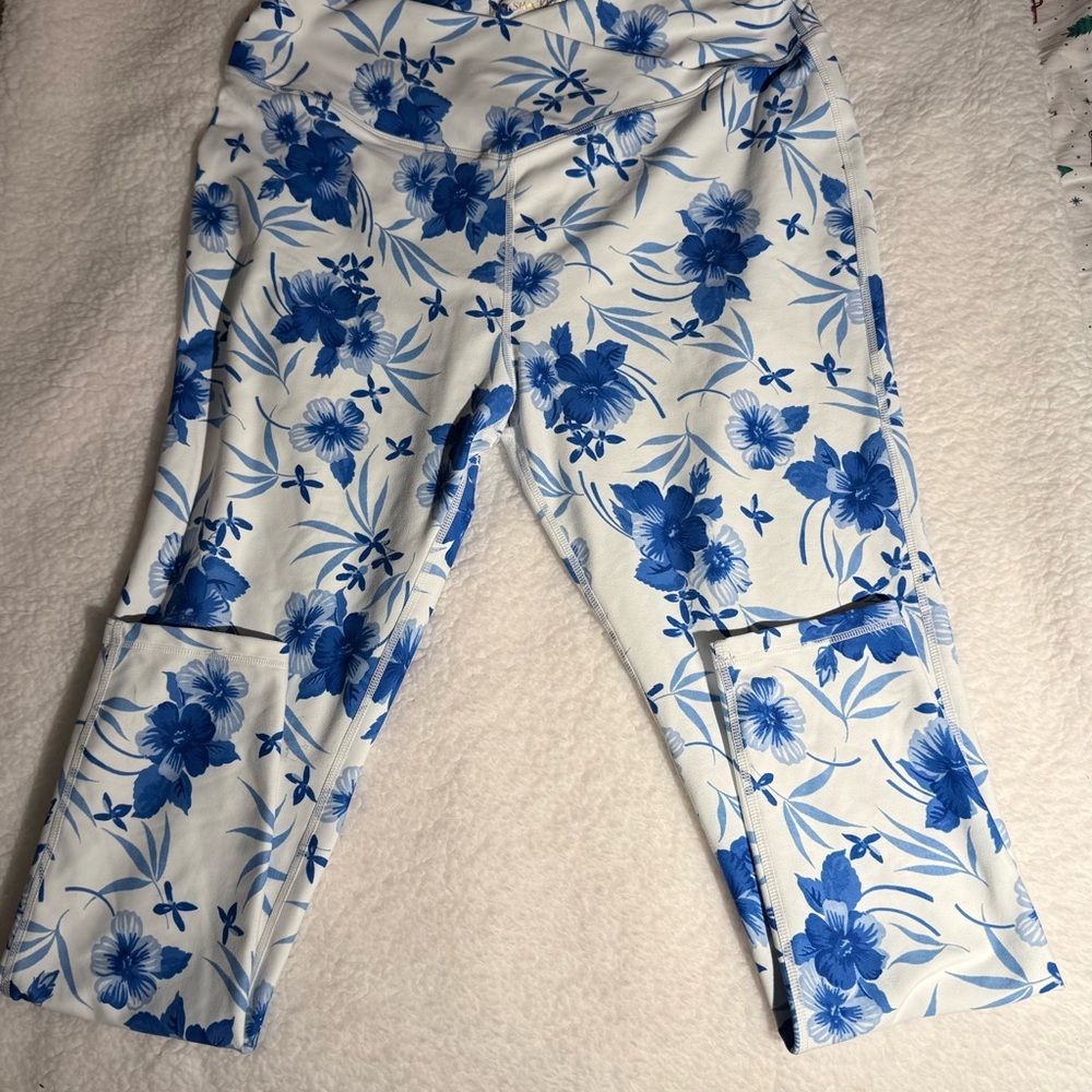 LoveShackFancy Adries Blue and White Floral Crossover Leggings